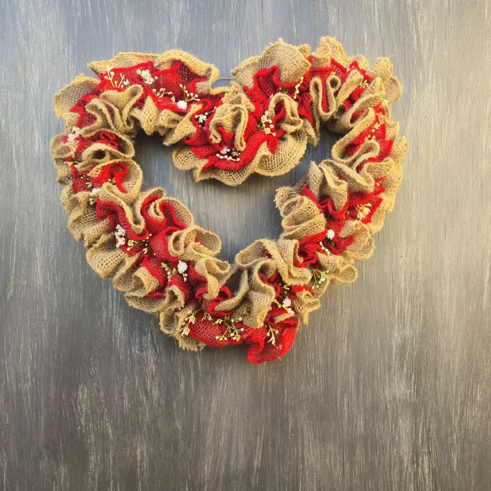 Handmade Rustic Heart-Shaped Burlap and Red Wreath Valentine's Day Wall Hanger